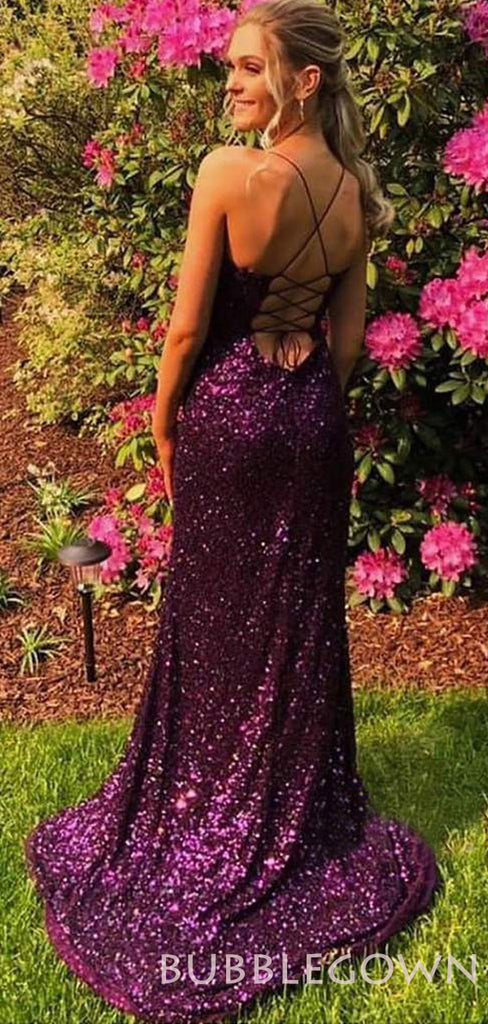 Purple Sequins Spaghetti Straps Side Slit Long Backless Evening Prom Dresses, Cheap Custom Prom Dresses, MR7656