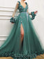 A-line V-neck Long Sleeves Green Tulle 3D Appliques Long Evening Prom Dresses, Cheap Custom Prom Dress, MR7666
