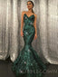 Green Sequin Mermaid V-neck Straps Long Evening Prom Dresses, Cheap Custom Prom Dresses, MR7679