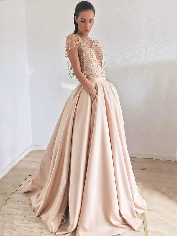 A-line Chic Jewel Embroidery Champagne Satin Long Evening Prom Dresses, Cheap Custom prom dresses, MR7688