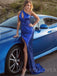 One Shoulder Blue Sequin Mermaid High Slit Long Evening Prom Dresses, Cheap Custom Prom Dresses, MR7695