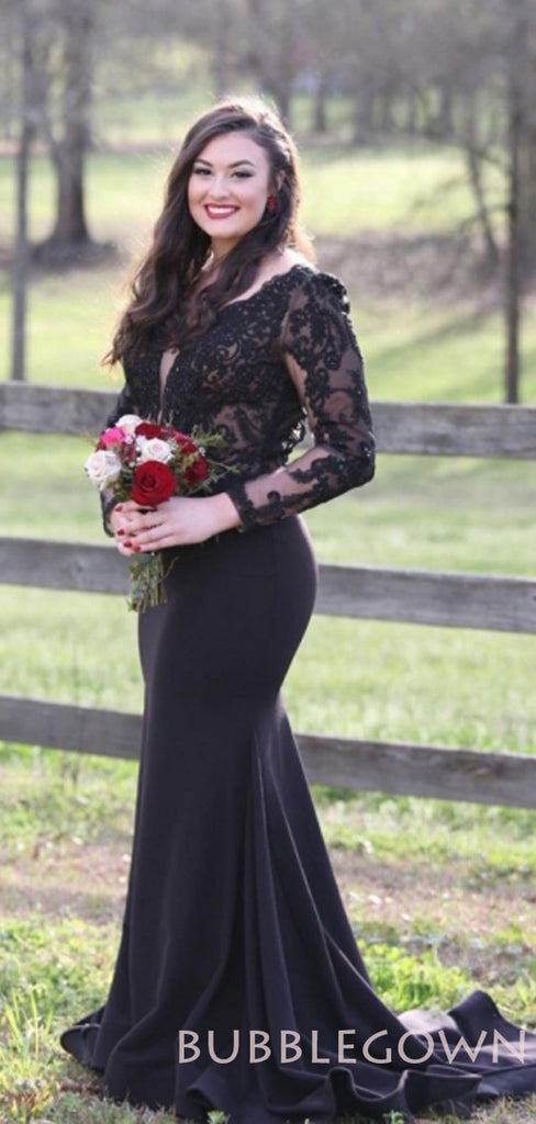 Sexy See Throuth Black Long Sleeves V-neck A-line Long Evening Prom Dresses, MR7701