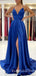A-line Royal Blue Satin Spaghetti Straps Long Evening Prom Dresses Cheap Custom Prom Dresses, MR7711