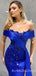 Off Shoulder Blue Satin Mermaid Beaded Long Evening Prom Dresses, Cheap Custom prom dresses, MR7716