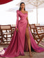 One Shoulder Satin Mermaid Side Slit Long Evening Prom Dresses, Cheap Custom prom dresses, MR7717