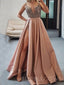 A-line Satin V Neck Beaded high slit Long Evening Prom Dresses, Cheap Custom prom dresses, MR7745