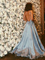 Blue A-line Spaghetti Straps V-neck Long Evening Prom Dresses, Cheap Custom Prom Dresses, MR7750