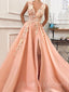A-line Sunset Tulle V Neck Appliques Long Lace Evening Prom Dresses, Cheap Custom Prom Dresses, MR7754