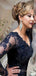 Long Sleeves Navy Blue Tulle Applique Beaded Long Evening Prom Dresses, MR7758