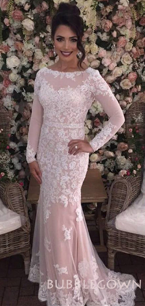 Mermaid Long Sleeves Tulle Appliques Champagne Long Lace Evening Prom Dresses, Wedding Dresses, MR7760