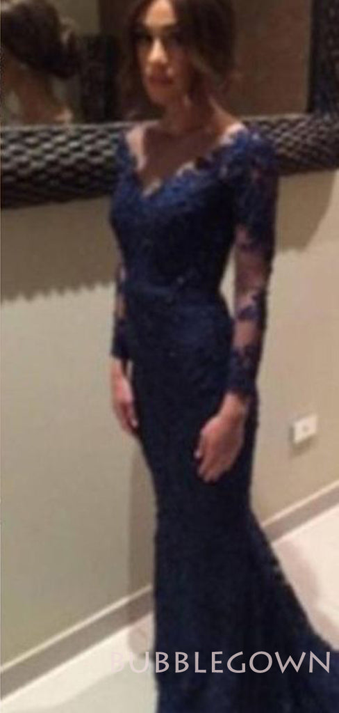 Navy Blue Lace Long Sleeves Applique Mermaid Long Evening Prom Dresses, MR7761