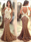 Brown Lace Halter Applique Mermaid Long Evening Prom Dresses, MR7762
