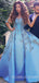 A-line Sky Blue Satin Appliques Long Evening Prom Dresses, Cheap Custom Prom Dresses, MR7768