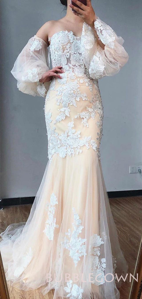 Long Sleeves Champagne Mermaid Tulle Lace Long Evening Prom Dresses, MR7780