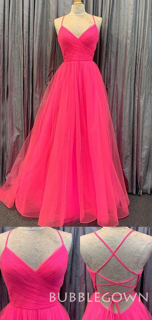 Hot Pink Tulle A-line V-neck Pleat Spaghetti Straps Long Evening Prom Dresses, Cheap Custom Prom Dress, MR7802