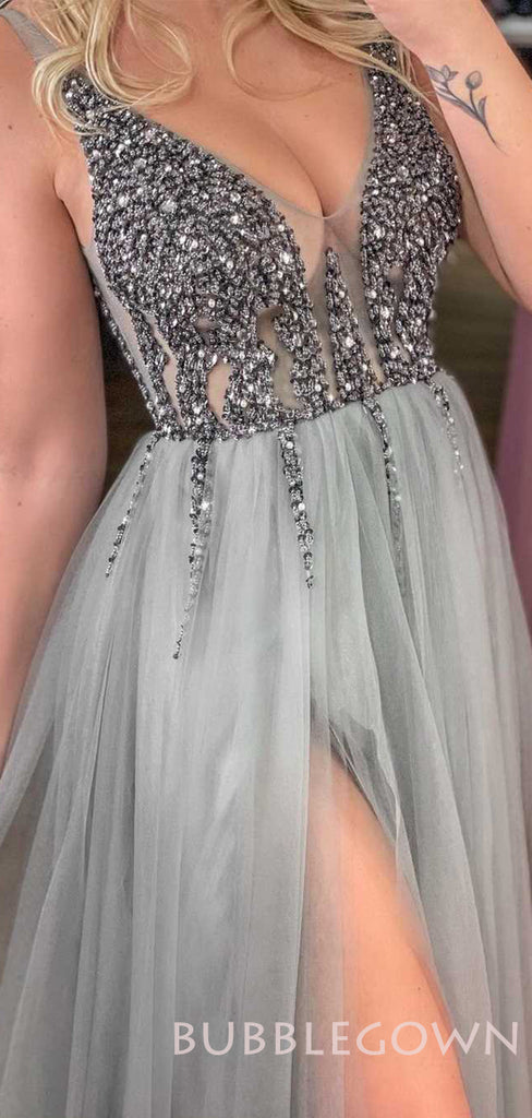 Grey Tulle See Through V-neck Beaded Long Evening Prom Dresses, Cheap Custom V-back Prom Dress, MR7805