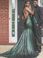 Green Sequin Mermaid V-neck Long Evening Prom Dresses, Cheap Custom Prom Dresses, MR7816