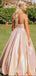 Champagne A-Line Sparkle Spaghetti Straps V Neck Long Evening Prom Dresses, Cheap Custom Prom Dresses, MR7824