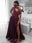 A-line Burgundy Satin Long Sleeves Appliques Long Evening Prom Dresses, Cheap Custom Prom Dresses, MR7831