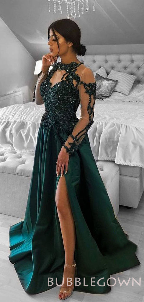 A-line Burgundy Satin Long Sleeves Appliques Long Evening Prom Dresses, Cheap Custom Prom Dresses, MR7831