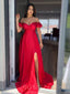 Off Shoulder Red Satin A-line Long Evening Prom Dresses, Cheap Custom prom dresses, MR7842