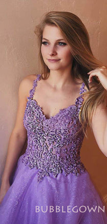 A-line Lilac Tulle Appliques Long Evening Prom Dresses, Cheap Custom Prom Dress, MR7843