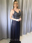Navy Blue Chiffon Beaded A-line Spaghetti Straps Long Evening Prom Dresses, Cheap Custom Prom Dresses, MR7847