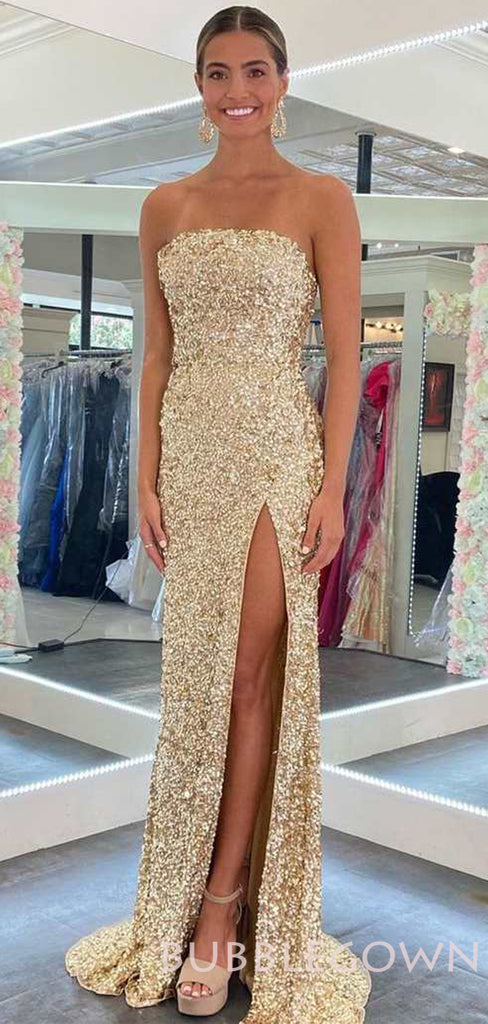 Gold Sequin Strapless Long Mermaid Evening Prom Dresses, Cheap Custom Prom Dresses, MR7854