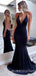 Sexy Deep V-neck Navy Blue Mermaid Long Evening Prom Dresses, Cheap Custom Prom Dresses, MR7855