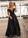 Off Shoulder A-line Black Satin V Neck Beaded Long Evening Prom Dresses, Cheap Custom prom dresses, MR7859