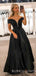 Off Shoulder A-line Black Satin V Neck Beaded Long Evening Prom Dresses, Cheap Custom prom dresses, MR7859