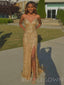 Gold Sequin Spaghetti Straps Long Mermaid Evening Prom Dresses, Cheap Custom Prom Dresses, MR7860