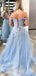 Off Shoulder Blue Tulle A-line Long Evening Prom Dresses, Cheap Custom Prom Dresses, MR7862