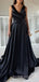 A-line Black Satin V-neck Long Evening Prom Dresses, Custom Prom Dress, MR7873