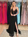 Black Chiffon A-line Spaghetti Straps Long Evening Prom Dresses, Cheap Custom Prom Dresses, MR7874
