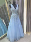 Blue Tulle A-line Appliques Long Evening Prom Dresses, Cheap Custom Prom Dresses, MR7875