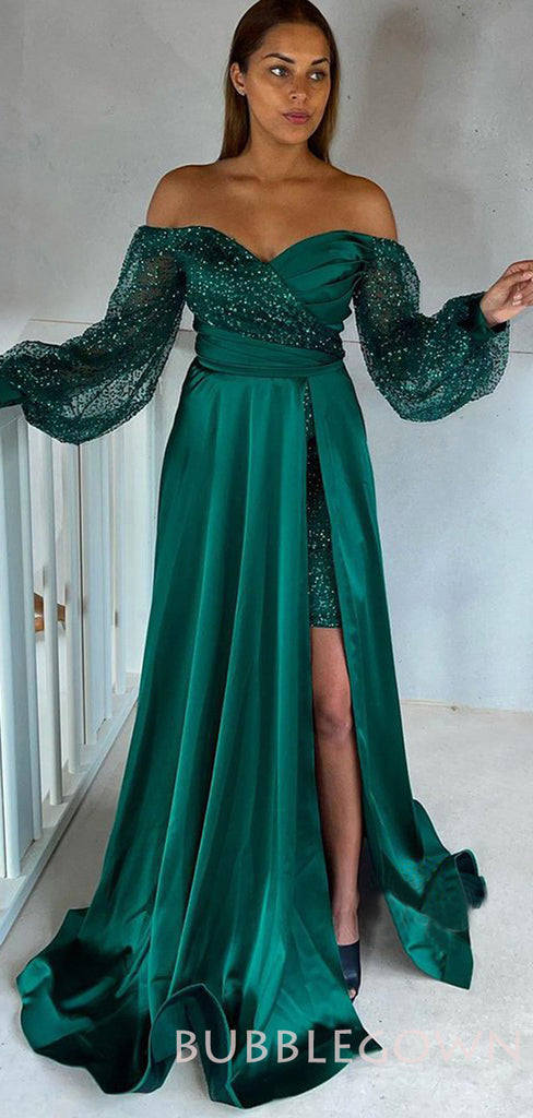 Off Shoulder A-line Green Satin Sequin Long Evening Prom Dresses, Custom Prom Dress, MR7877