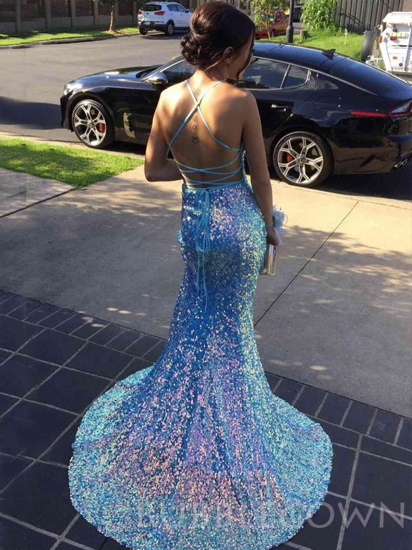 Mermaid Blue Sequin Spaghetti Straps Long Evening Prom Dresses, Cheap Custom Prom Dresses, MR7891