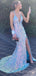 Mermaid Blue Sequin Spaghetti Straps Long Evening Prom Dresses, Cheap Custom Prom Dresses, MR7891