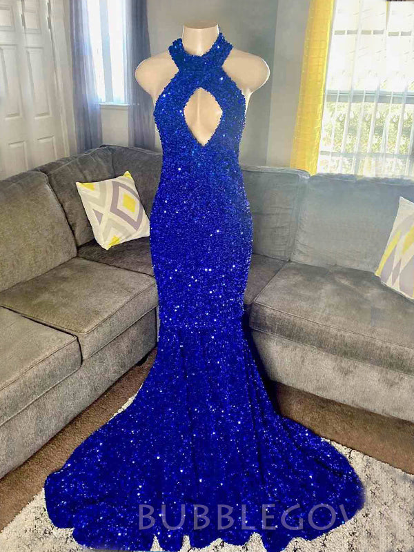 Royal Blue Sequin Mermaid Halter Long Evening Prom Dresses, Cheap Custom Prom Dresses, MR7892