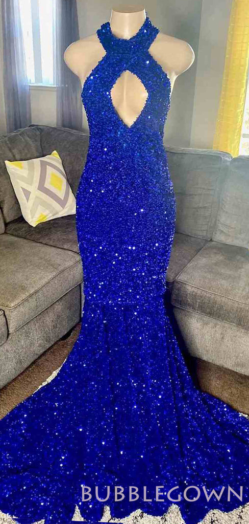 Royal Blue Sequin Mermaid Halter Long Evening Prom Dresses, Cheap Custom Prom Dresses, MR7892