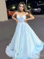 Sky Blue Tulle A-line Spaghetti Straps Appliques Lace Long Evening Prom Dresses, MR7897
