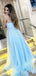 Sky Blue Tulle A-line Spaghetti Straps Appliques Lace Long Evening Prom Dresses, MR7897