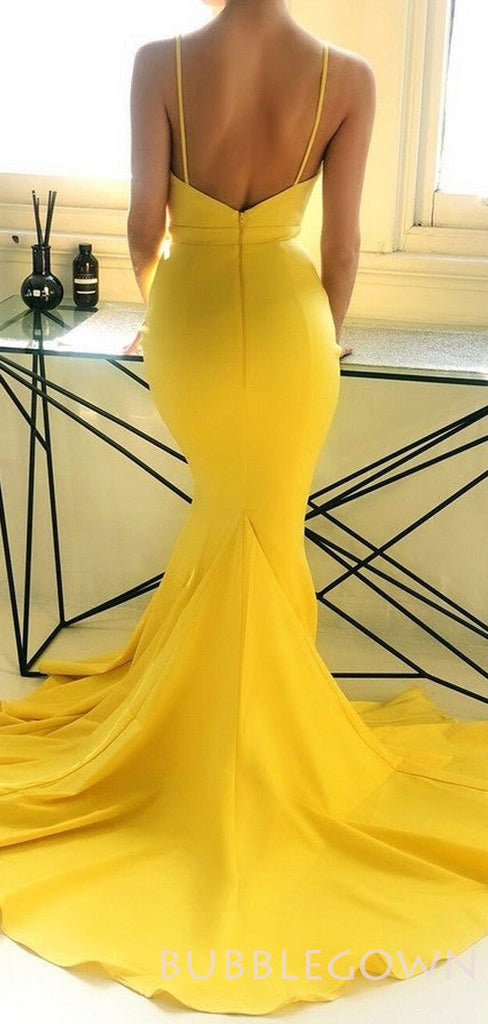 Yellow Satin Mermaid Spaghetti Straps Long Evening Prom Dresses, Cheap Custom Prom Dress, MR7901