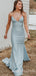 Spaghetti Straps Mermaid Long Grey Evening Prom Dresses, Cheap Custom Prom Dresses, MR7910