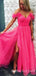 Off Shoulder Hot Pink Tulle A-line Long Evening Prom Dresses, MR7916