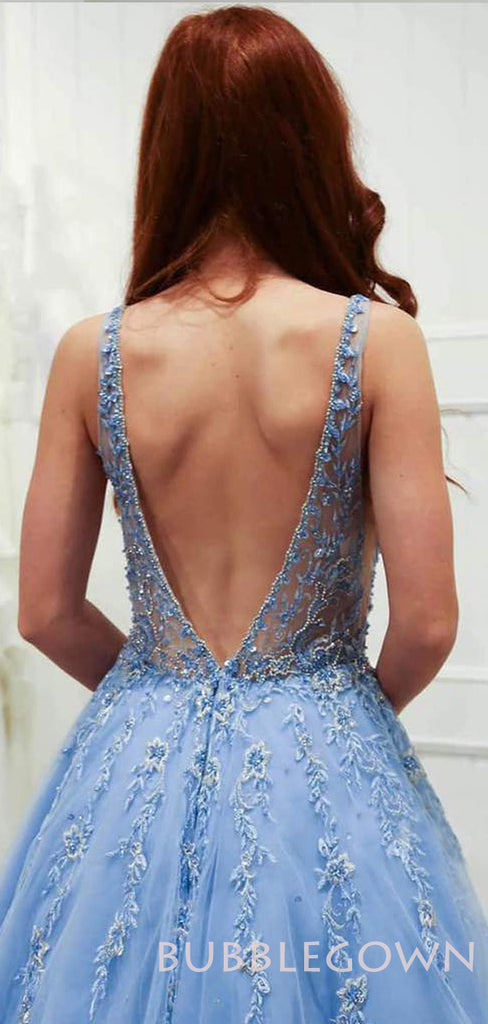 A-line Sky Blue Tulle Appliques Lace Long Beaded Evening Prom Dresses, Cheap Custom Prom Dresses, MR7920