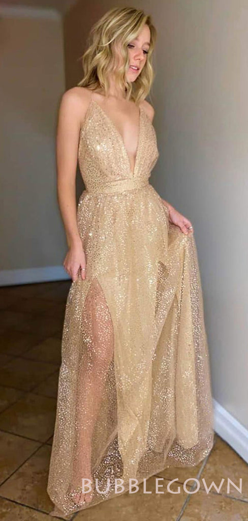 Sexy Deep V-neck Gold Sequin Spaghetti Straps A-line Long Evening Prom Dresses, Cheap Custom Prom Dresses, MR7924