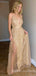 Sexy Deep V-neck Gold Sequin Spaghetti Straps A-line Long Evening Prom Dresses, Cheap Custom Prom Dresses, MR7924
