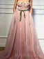 Pink Tulle A-line Appliques Long Straps Evening Prom Dresses, Cheap Custom Prom Dresses, MR7933